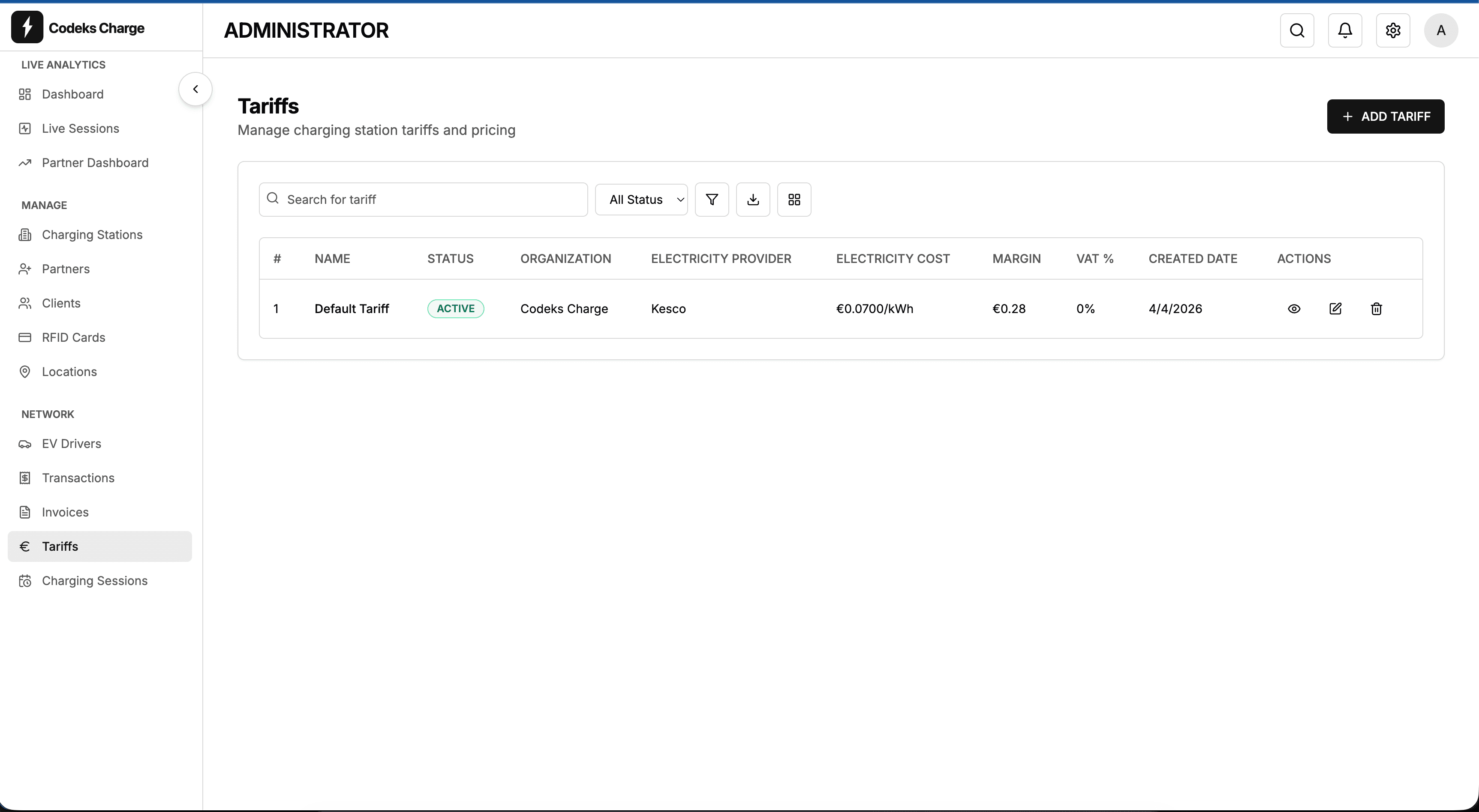 Tariff configuration with electricity cost, margin, and VAT settings