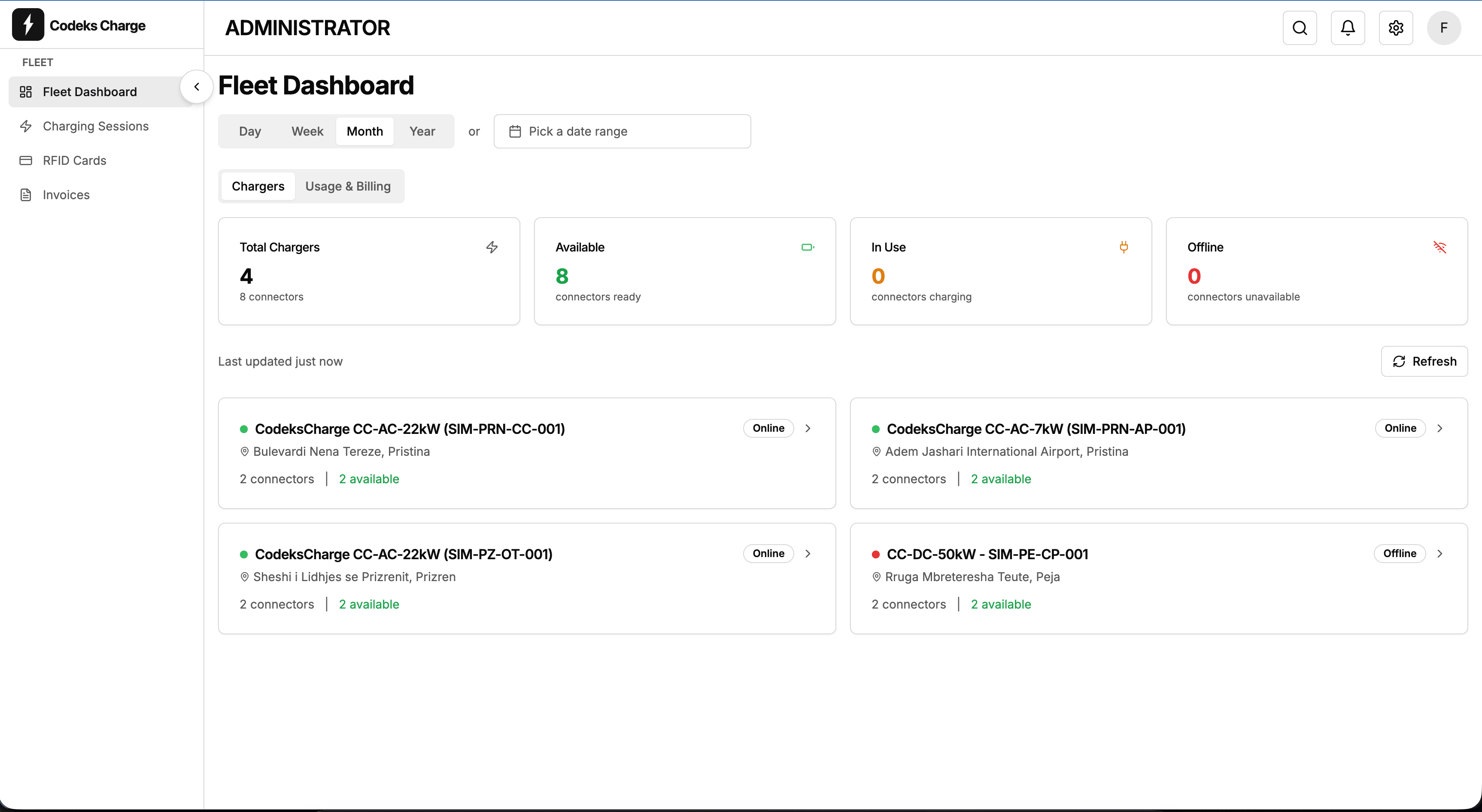 Fleet Dashboard showing charger status, availability, and real-time monitoring