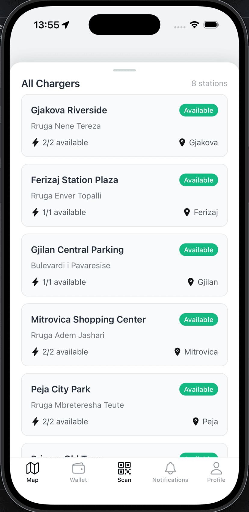 All Chargers screen showing stations across Kosovo with availability status