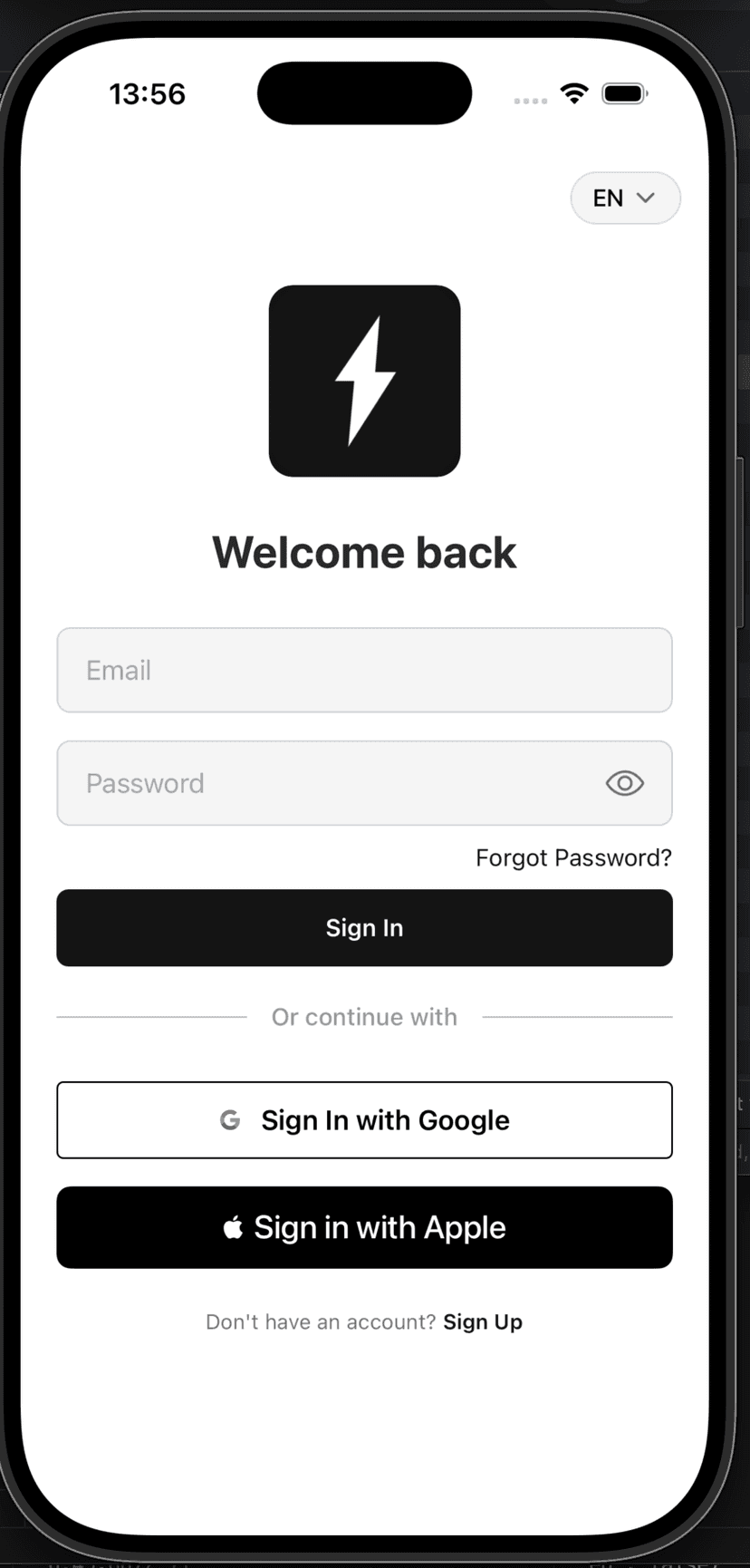 Login screen with email, Google, and Apple sign-in options