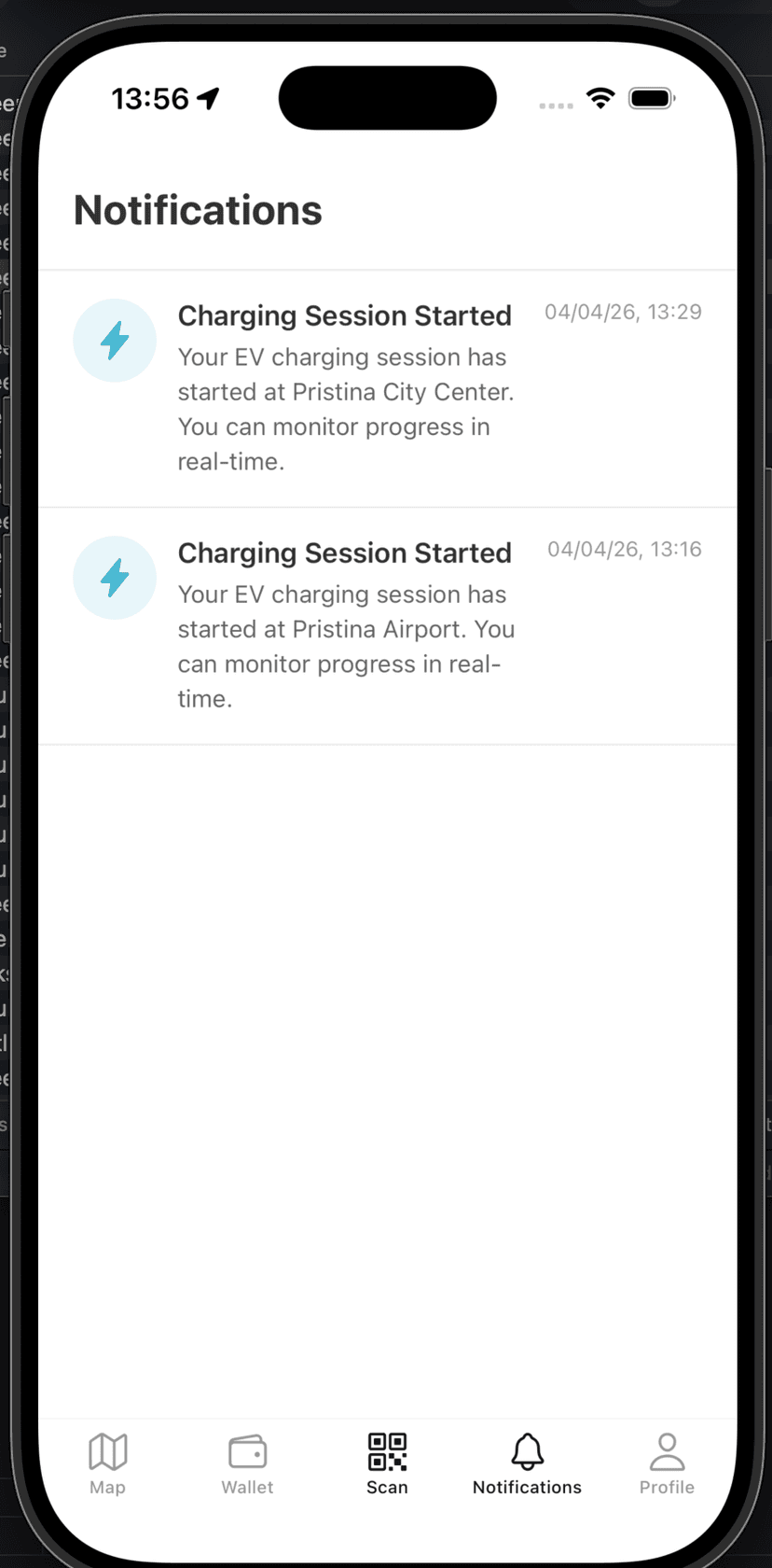Notifications screen with charging session started alerts and real-time updates