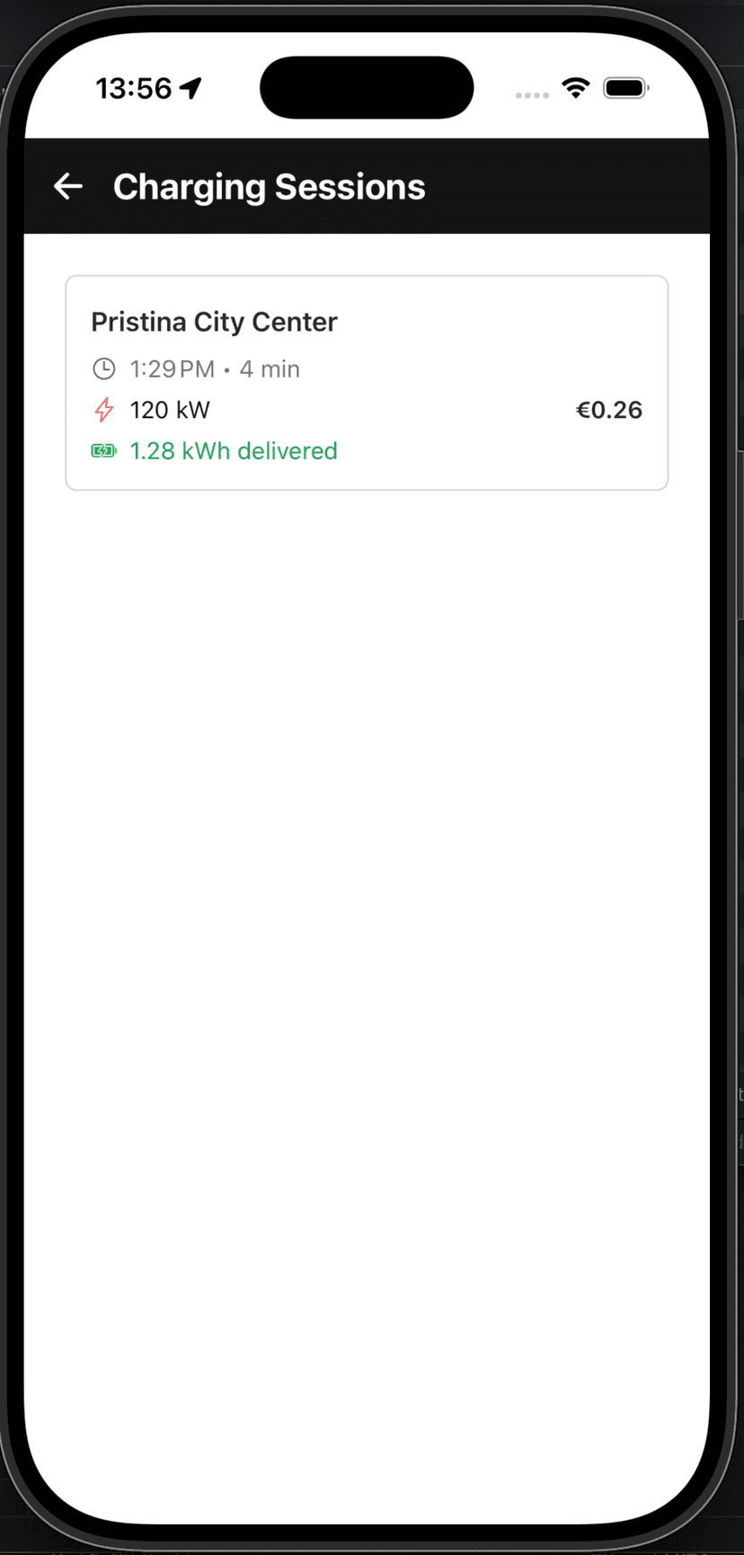Charging Sessions screen showing session details with kWh delivered and cost