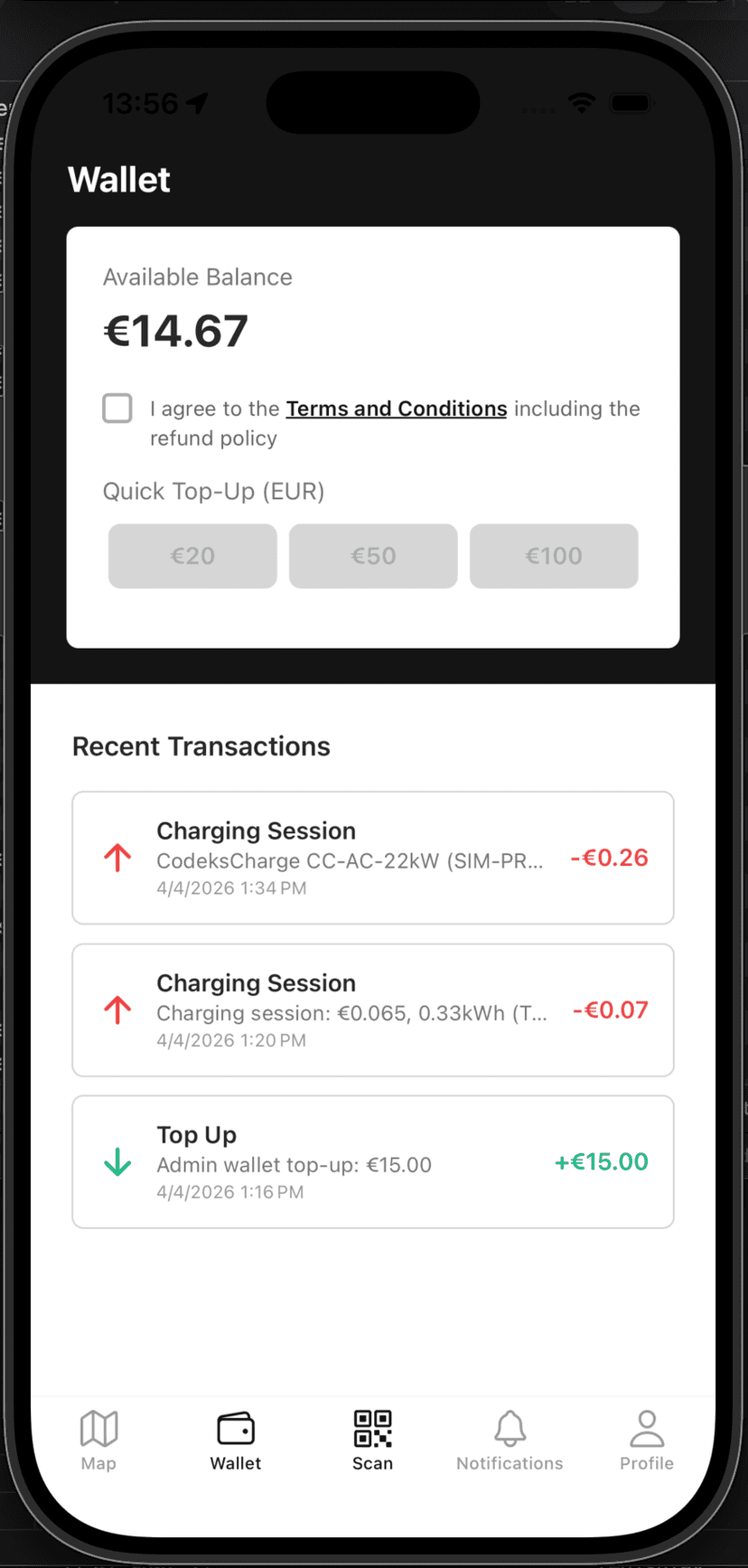 Wallet screen with balance display, quick top-up buttons, and recent transactions