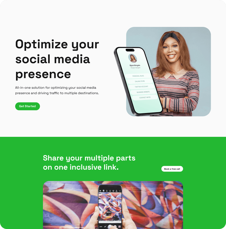 Linktobio — landing page with the mobile profile preview