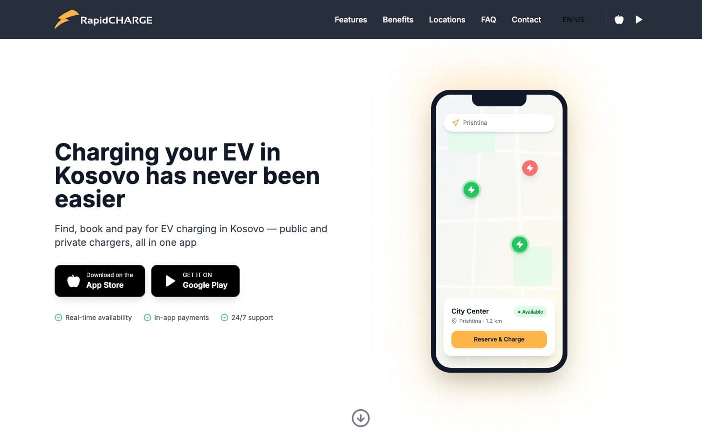 RapidCharge — landing page of the EV charging app for Kosovo