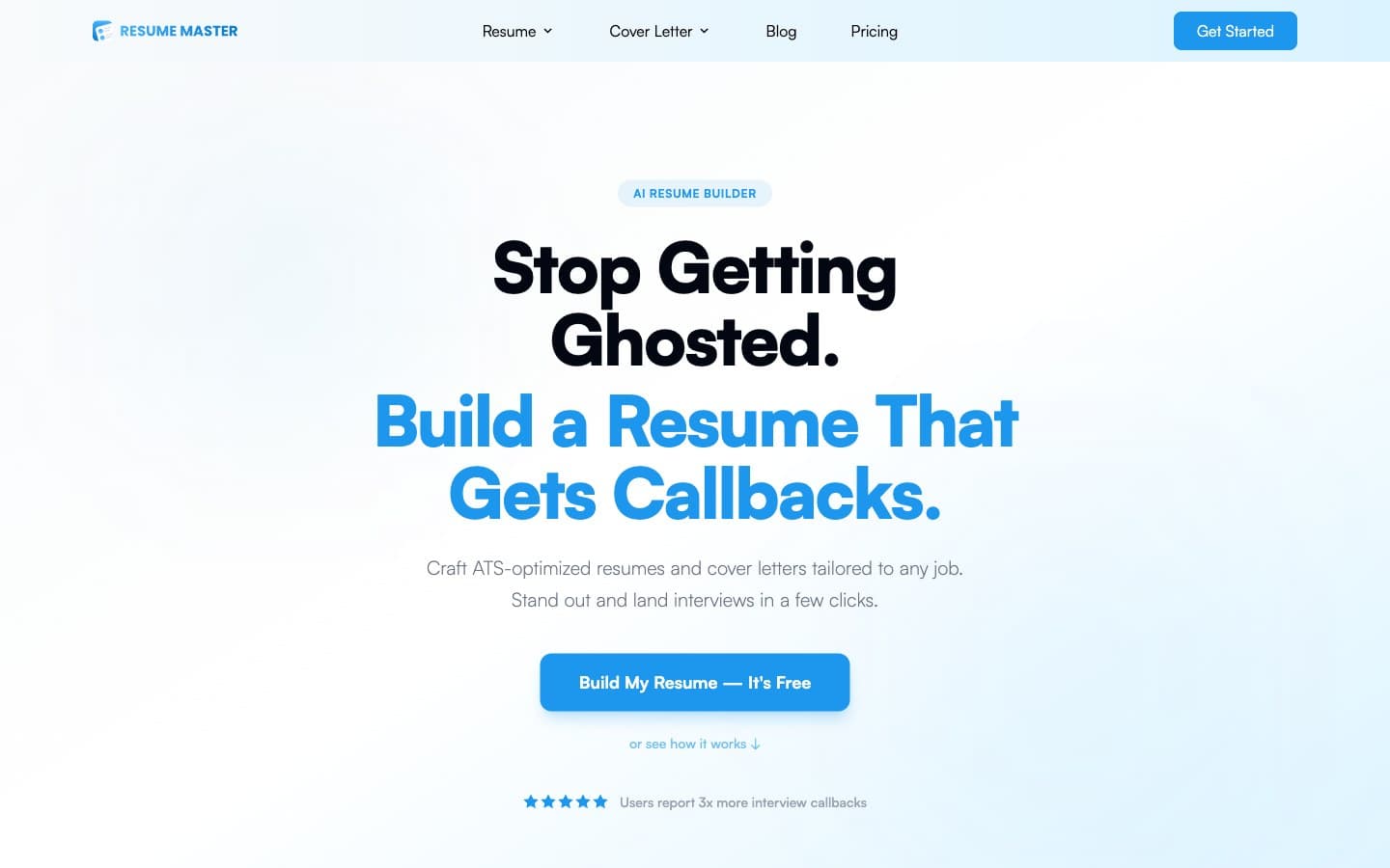 Resumemaster — the AI résumé builder's editor with job description, experience and template steps