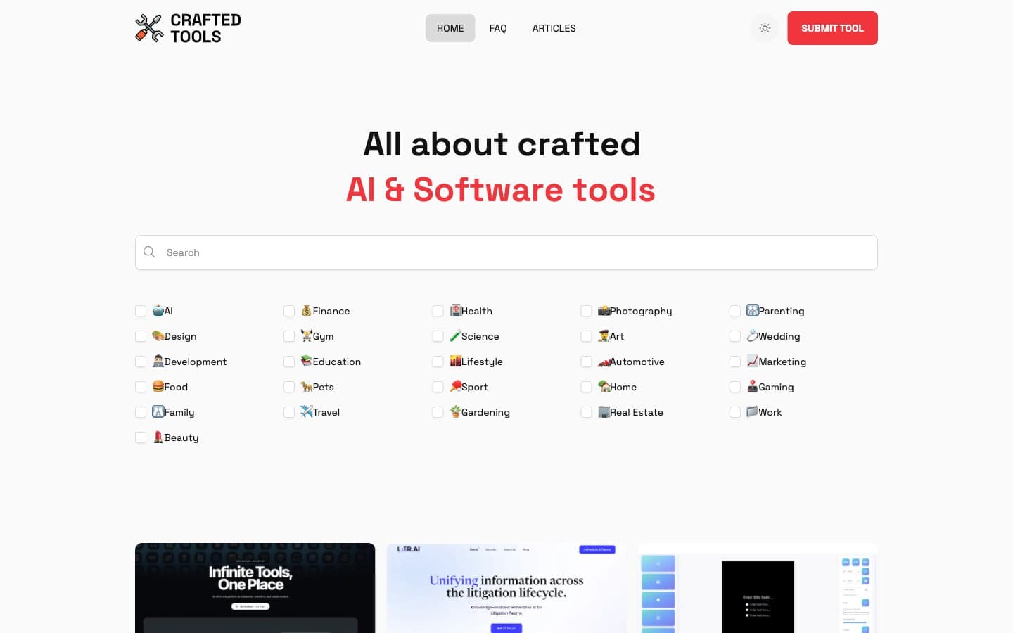 Crafted Tools — the directory's home page with its tool categories